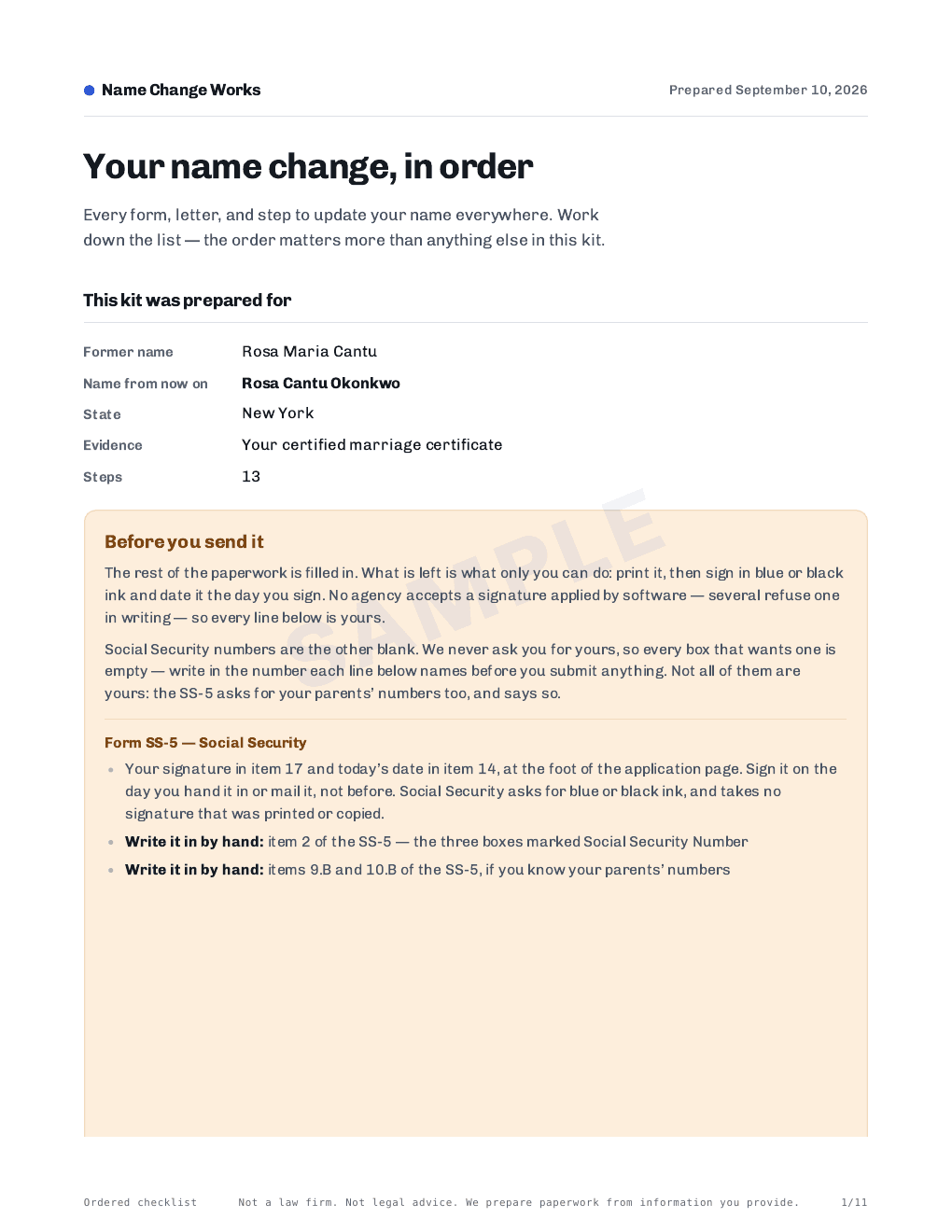 First page of name change checklist in the sample kit