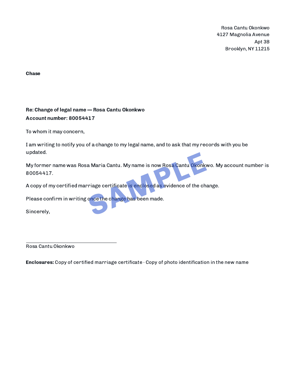 Page 1 of 9 — a notification letter, prepared for Rosa Cantu Okonkwo. Sample.