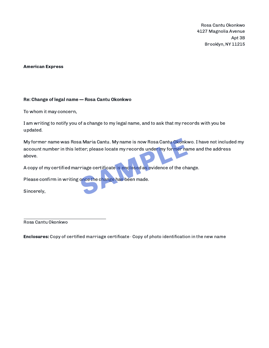 Page 2 of 9 — a notification letter, prepared for Rosa Cantu Okonkwo. Sample.