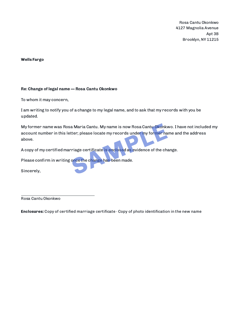 Page 3 of 9 — a notification letter, prepared for Rosa Cantu Okonkwo. Sample.