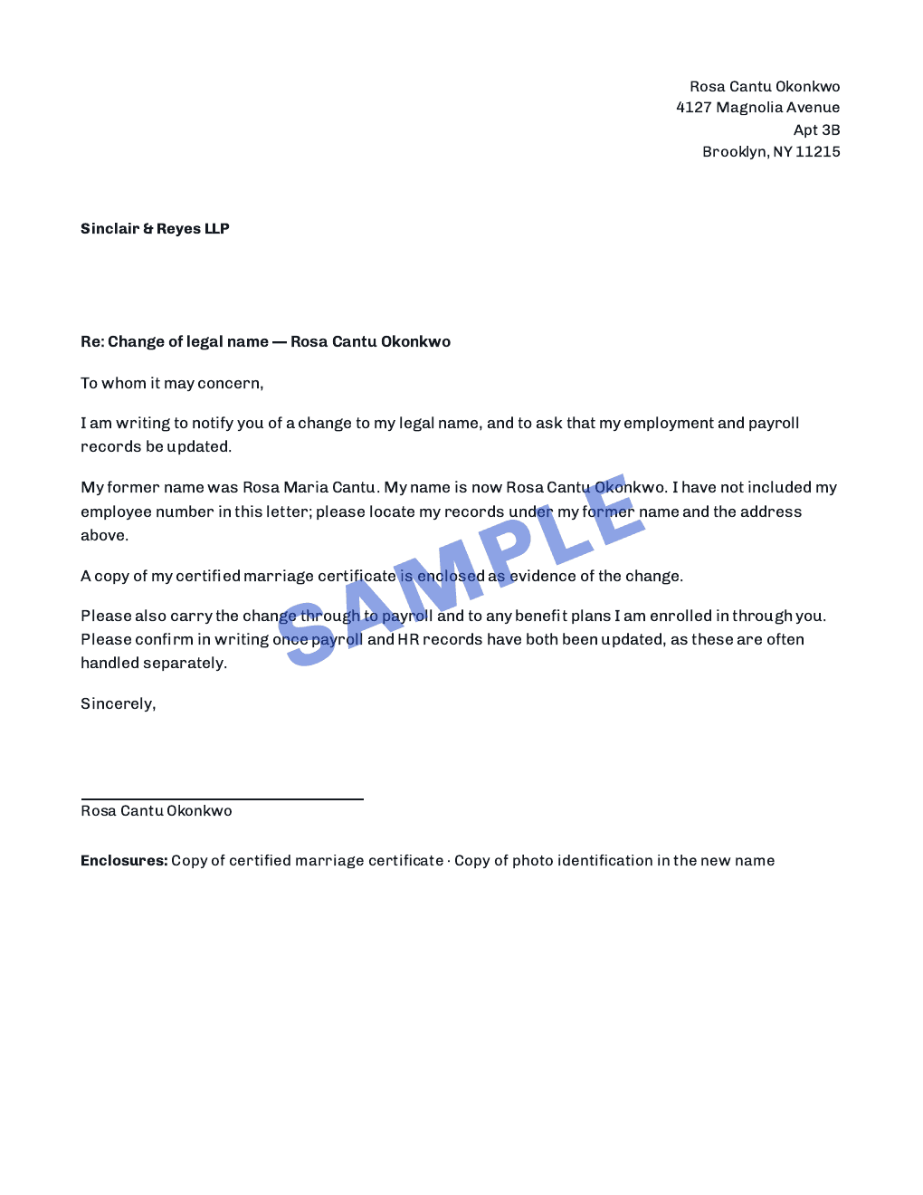 Page 4 of 9 — a notification letter, prepared for Rosa Cantu Okonkwo. Sample.