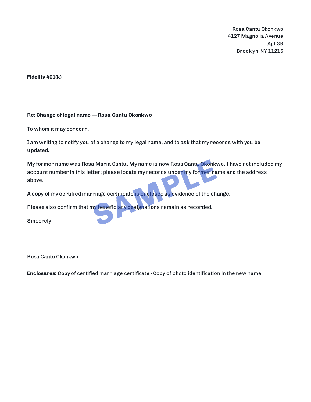 Page 5 of 9 — a notification letter, prepared for Rosa Cantu Okonkwo. Sample.