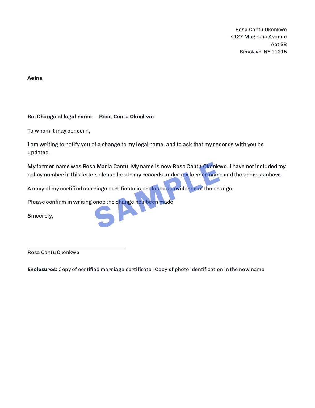 Page 6 of 9 — a notification letter, prepared for Rosa Cantu Okonkwo. Sample.