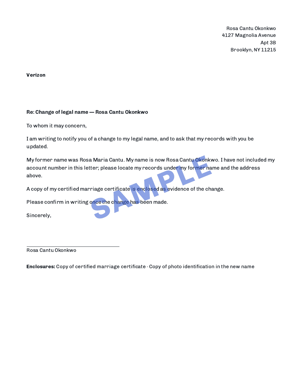 Page 9 of 9 — a notification letter, prepared for Rosa Cantu Okonkwo. Sample.