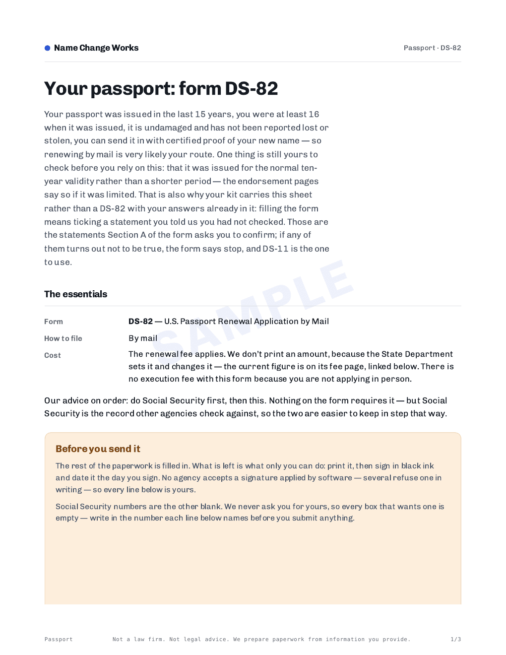 Page 1 of 3 — the passport sheet for form DS-82, prepared for Rosa Cantu Okonkwo. Sample.