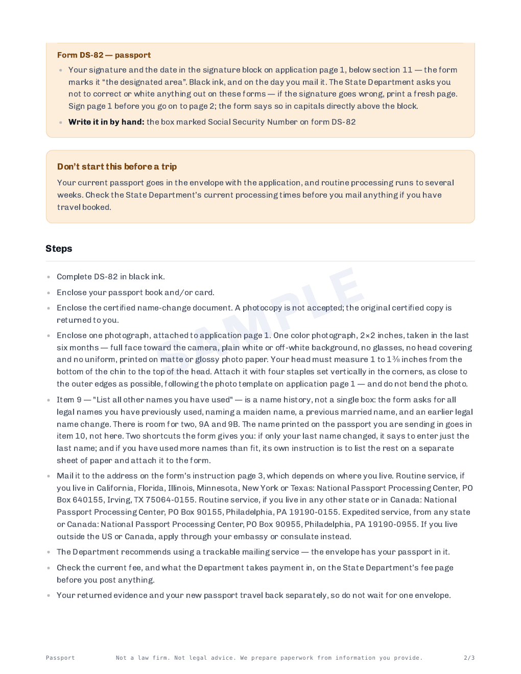 Page 2 of 3 — the passport sheet for form DS-82, prepared for Rosa Cantu Okonkwo. Sample.