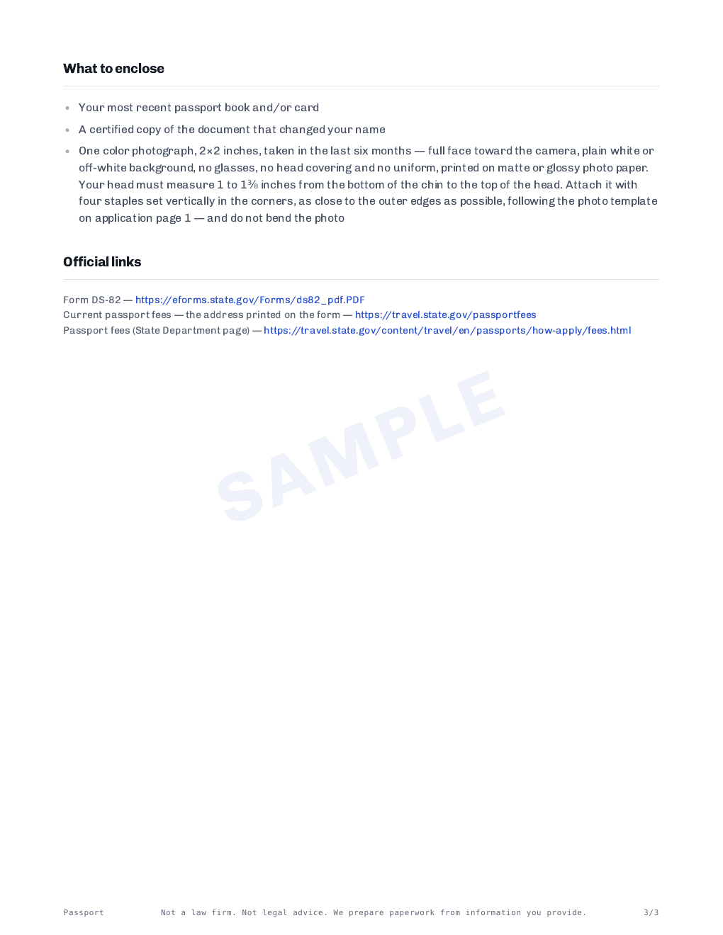 Page 3 of 3 — the passport sheet for form DS-82, prepared for Rosa Cantu Okonkwo. Sample.
