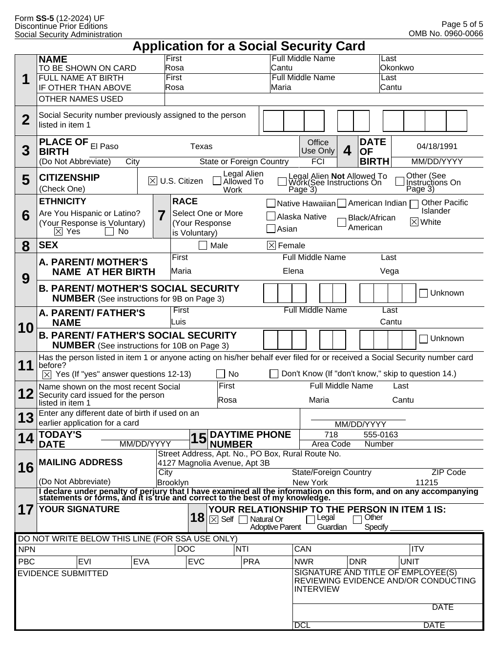 First page of pre-filled forms in the sample kit