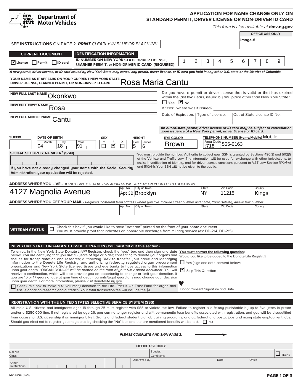 Page 1 of 3 — the pre-filled New York DMV form MV-44NC, prepared for Rosa Cantu Okonkwo. Sample.