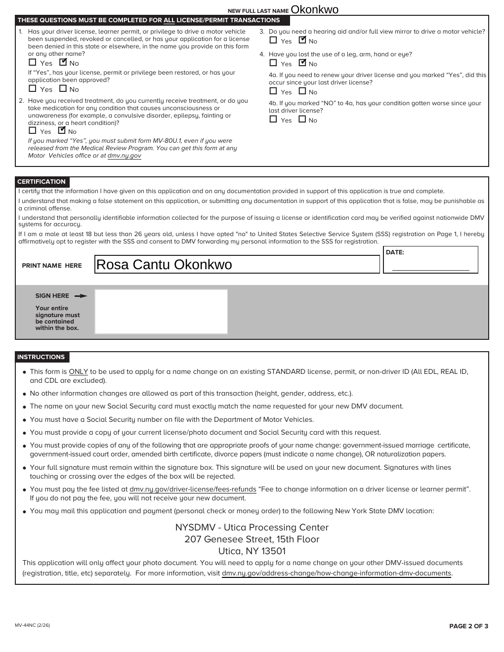 Page 2 of 3 — the pre-filled New York DMV form MV-44NC, prepared for Rosa Cantu Okonkwo. Sample.