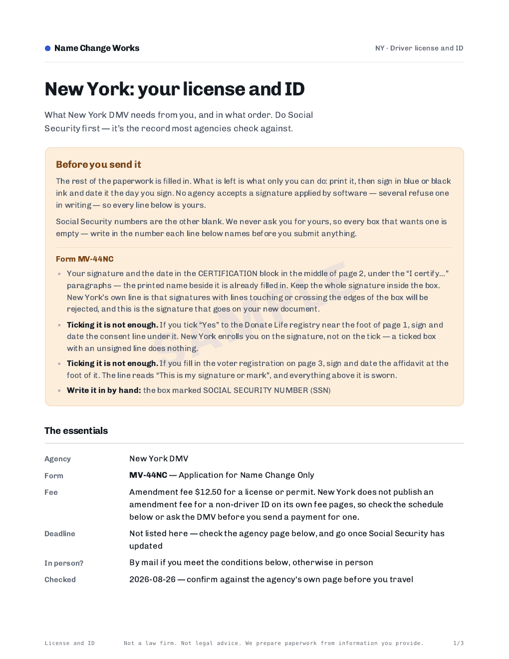 Page 1 of 3 — the New York license and ID sheet, prepared for Rosa Cantu Okonkwo. Sample.