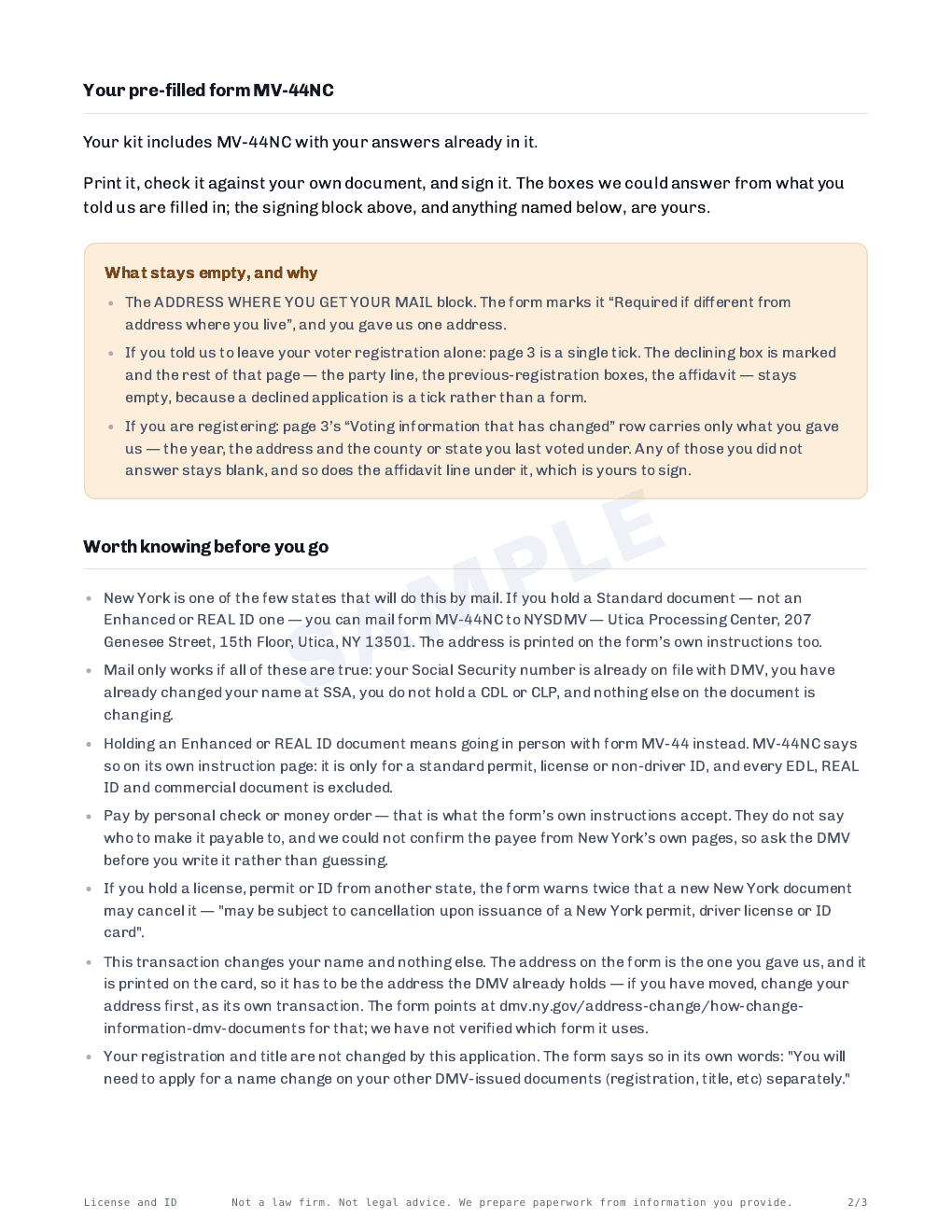 Page 2 of 3 — the New York license and ID sheet, prepared for Rosa Cantu Okonkwo. Sample.