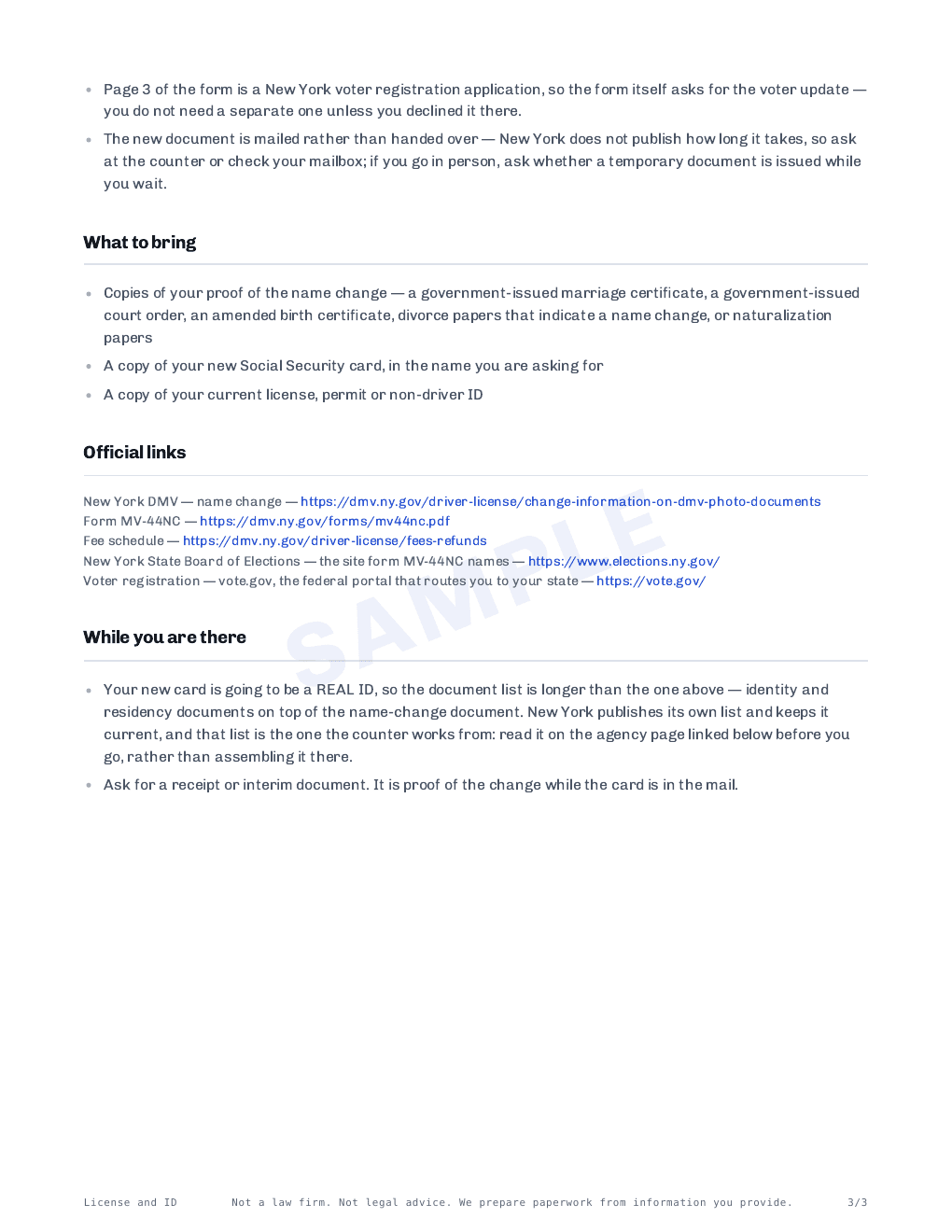 Page 3 of 3 — the New York license and ID sheet, prepared for Rosa Cantu Okonkwo. Sample.